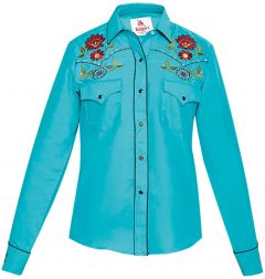 Modestone Women's Floral Embroidered Long Sleeved Fitted Western Shirt Blue