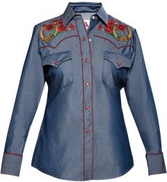 Modestone Women's Horseshoe Floral Embroidered Fitted Western Shirt Denim Blue