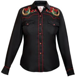 Modestone Women's Horseshoe Floral Embroidered Fitted Western Shirt Black