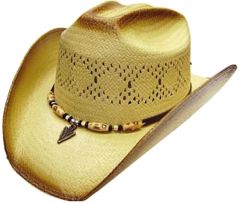 Modestone Men's Straw Cowboy Hat Beaded Arrow Head Hatband Light Beige