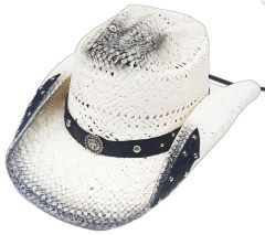 Modestone Straw Cowboy Hat Breezer Metal Concho Studs Appliques Brim White