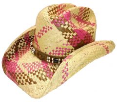 Modestone Men's Lite Weight Straw Cowboy Hat Fuchsia Brown Beige