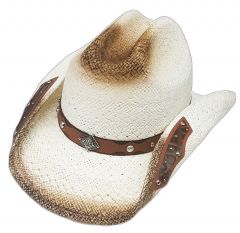 Modestone Straw Cowboy Hat Metal Diamond Concho Studs Appliques Brim Beige