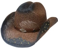 Modestone Straw Cowboy Hat Breezer Metal Concho Studs Appliques Brim Brown