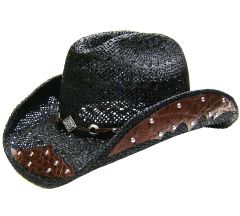 Modestone Men's Straw Cowboy Hat Breezer Metal Diamond Concho Studs Hatband Black