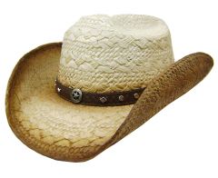 Modestone Unisex Straw Cowboy Hat Metal Metal Concho Studs Hatband Tan