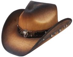 Modestone Unisex Straw Cowboy Hat Metal Longhorn Bull Head Concho & Studs Brown
