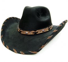 Modestone Men's "Felt Feel" Wide Brim Cowboy Hat Lacing On Brim Black