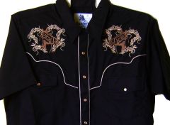 Modestone Men's Embroidered Short Sleeve Shirt Floral Filigree Horse Head Black