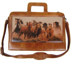 Modestone Genuine Leather Portfolio Tote Case Briefcase Galloping Horses 15 1/4" x 10 1/4" x 2 3/4" Tan