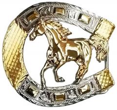 Modestone Nickel Silver Horseshoe Belt Buckle Galloping Horse 3'' x 3''