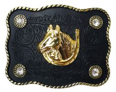 Modestone Metal Trophy Belt Buckle Horse Horseshoe 4 1/4'' X 3'' 4 clear stones