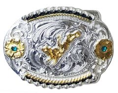 Modestone 2 x Green Stones Nickel Silver Buckle Bull Rider Rodeo 3'' X 2''