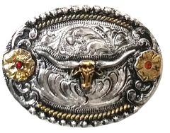 Modestone 2 x Red Stones Gun Metal Buckle Bull Head 3'' X 2''