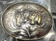 Modestone Antiqued Gun Metal Trophy Belt Buckle 3 Horse Heads 3 1/2'' X 2 3/4''