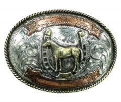 Modestone Antiqued Gun Metal Trophy Belt Buckle Horse Horseshoe, 4'' X 3''