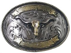 Modestone Gun Metal Belt Buckle Bull Longhorn ribbons Cowboy Rodeo, 4'' X 3''