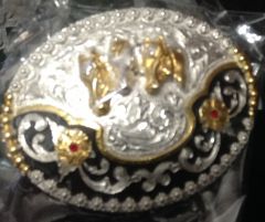 Modestone Nickel Silver Trophy Belt Buckle 3 Horse Heads 4'' X 3 