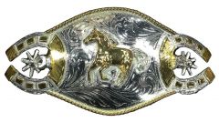 Modestone Nickel Silver Trophy Belt Buckle Horse Horseshoes Spurs 8'' X 3 1/2''