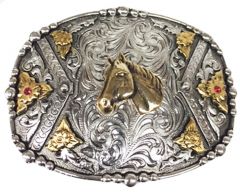 Modestone Metal Alloy Trophy Belt Buckle Horse Head 4'' X 3'' 2 ruby-like stones