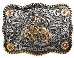 Modestone Metal Trophy Belt Buckle Cowboy Horse 3 3/4'' X 2 3/4'' 4 red stones