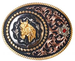 Modestone Metal Alloy Trophy Belt Buckle Horse Head 3 1/2'' X 3'' red stone