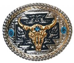 Modestone Metal Trophy Belt Buckle Bull Head 4'' X 3 1/2'' 3 aqua stones