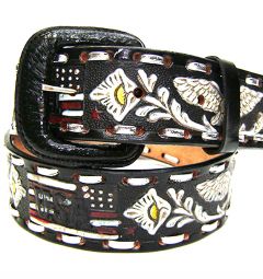 Modestone Men's Hand Painted Eagle USA Floral Leather Belt 1.5'' Width Black