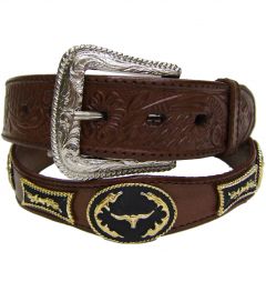 Modestone Men's Embossed Scalloped Metal Conchos Bull Head Longhorn Leather Belt 1.5'' Width Brown