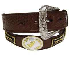 Modestone Men's Embossed Scalloped Metal Conchos Bull Rider Leather Belt 1.5'' Width Brown
