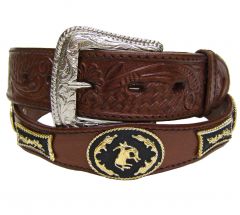 Modestone Men's Embossed Scalloped Metal Conchos Horse Rodeo Bronco Busting Leather Belt 1.5'' Width Brown