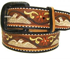 Modestone Men's Hand Painted Embossed Eagle Leather Belt 1.5'' Width Brown