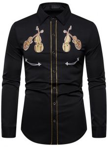 Modestone Men's Embroidered Long Sleeved Fitted Shirt Fiddle & Guitar Black