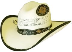 Modestone Straw Cowboy Hat Bangora Horse Applique Fabric Brim Edge Off-White