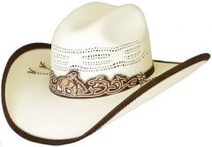 Modestone Straw Cowboy Hat Bangora Cutout Hatband Fabric Brim Edge Off-White