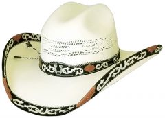 Modestone Straw Cowboy Hat Bangora Horseshoes Hatband Fabric Brim Edge Off-White