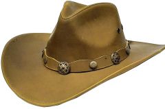 Modestone Unisex Leather Cowboy Hat Wide-brim Metal Conchos Beige