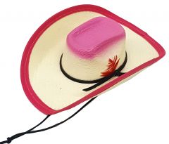 Modestone Straw Pet Cowboy Hat Elastic String Feather Pink
