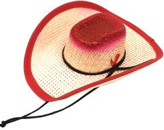 Modestone Straw Pet Cowboy Hat Elastic String Feather Red