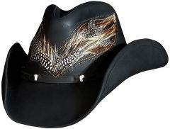 Modestone Unisex Leather Cowboy Hat Real Feather Overlay Black