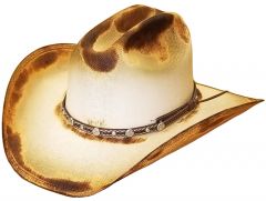 Modestone Unisex Straw Cowboy Hat Wide Brim Studs Hand Torched Burnt Beige