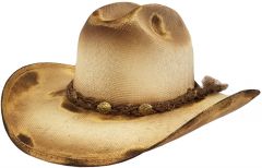Modestone Unisex Straw Cowboy Hat Wide Brim Studs Hand Torched Burnt Beige