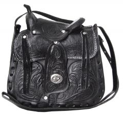 Modestone Leather Shoulder Bag Decorative Saddle Shape 8 1/2" x 8" x 3" Black