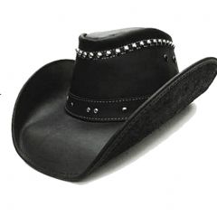 Modestone Men's Leather Cowboy Hat Metal Studs Black