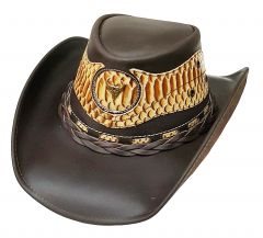 Modestone Men's Cowboy Leather Hat Leather Snake Skin Pattern Applique Brown
