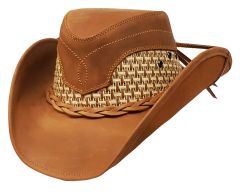 Modestone Unisex Leather Cowboy Hat Breezer Straw Crown Chinstring Brown