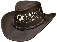 Modestone Unisex Leather Cowboy Hat Rearing Horse Filligree Cut Out Brown